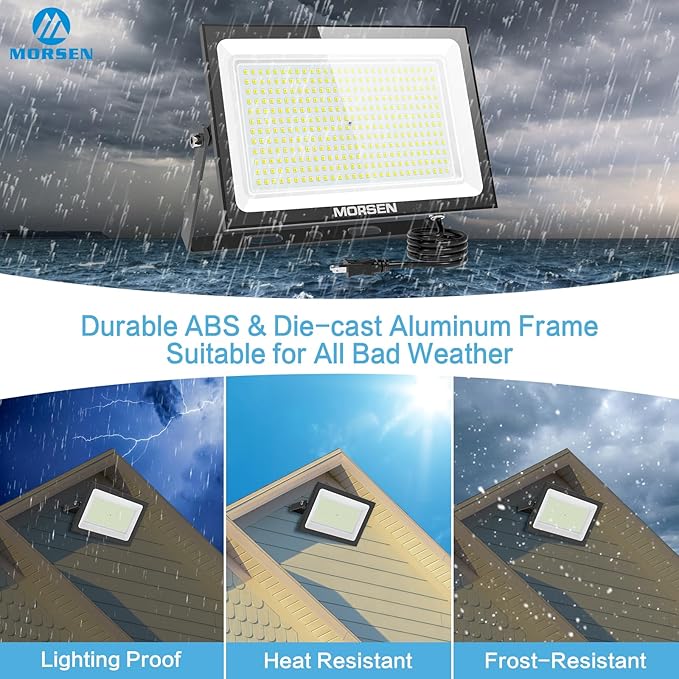 MORSEN 400W Flood Lights Outdoor, 48000lm Bright LED Work Light with Plug, 6500K Daylight White LED Flood Lighting, IP66 Waterproof Security Yard Lights for Yard Garage Stadium 2 Pack