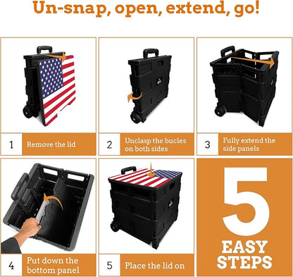 Inspired Living Collapsible Ultra-Slim Pack-N-Roll,2 Wheel Utility Cart w/Lid Used as Seat up to 250 Lbs, Telescopic Handle, Super Strong, for Home,Garden,Shopping,Office,School, Large, American Flag
