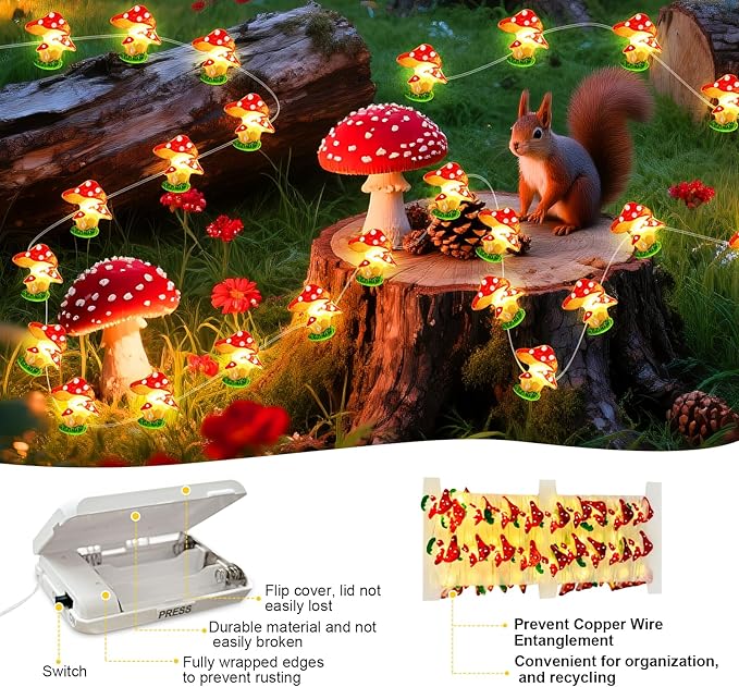 Mushrooms Decor String Lights, 16 ft 50 LED Battery Operated Fairy Lights Cute Mushroom Lamp for Bedroom Indoor Outdoor Lawns Garden Holiday Party Decorations (1 Pack)