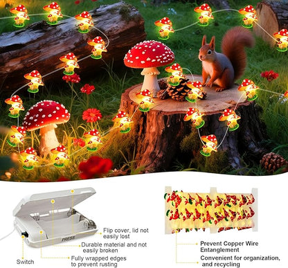 Mushrooms Decor String Lights, 16 ft 50 LED Battery Operated Fairy Lights Cute Mushroom Lamp for Bedroom Indoor Outdoor Lawns Garden Holiday Party Decorations (1 Pack)