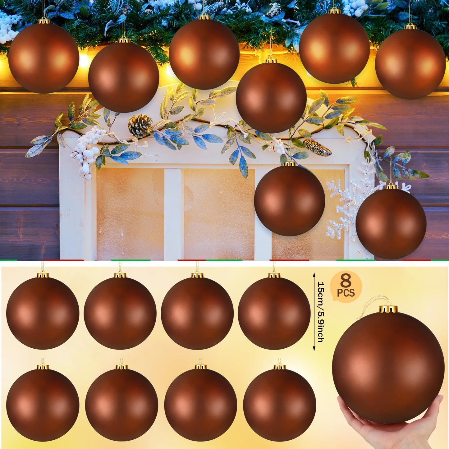 Wettarn 8 Pcs 6 Inch Brown Christmas Balls Ornaments Rustic Large Plastic Xmas Tree Hanging Ornaments Neutral Modern Xmas Giant Balls Decoration for Christmas Tree Lawn Yard Garden Party