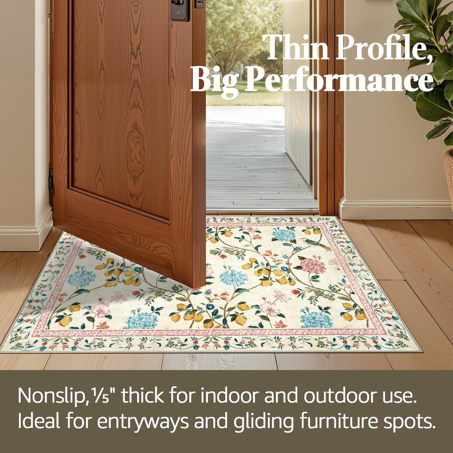 jinchan Area Rug 2x3, Floral Washable Indoor Entryway Doormat Chinoiserie Throw Non Slip, Low Pile Small Botanical Soft Rugs Retro Carpet for Bedroom Bathroom Decor Beige/Pink