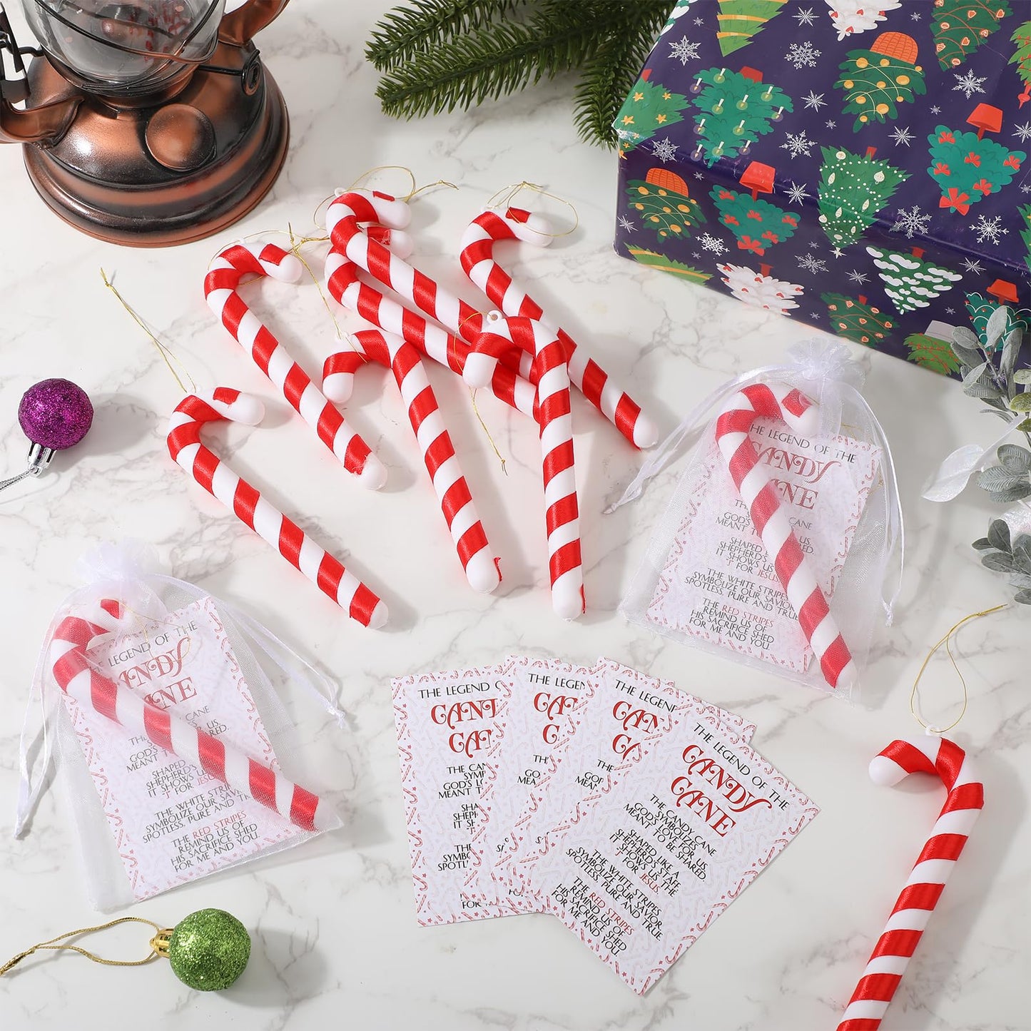 Cholemy 36 Sets Christmas Candy Cane Hanging Ornaments Gifts Including 36 Candy Cane Ornaments and 36 Legends of Story Cards with 36 Organza Bags for Christmas Tree Home Party Decor