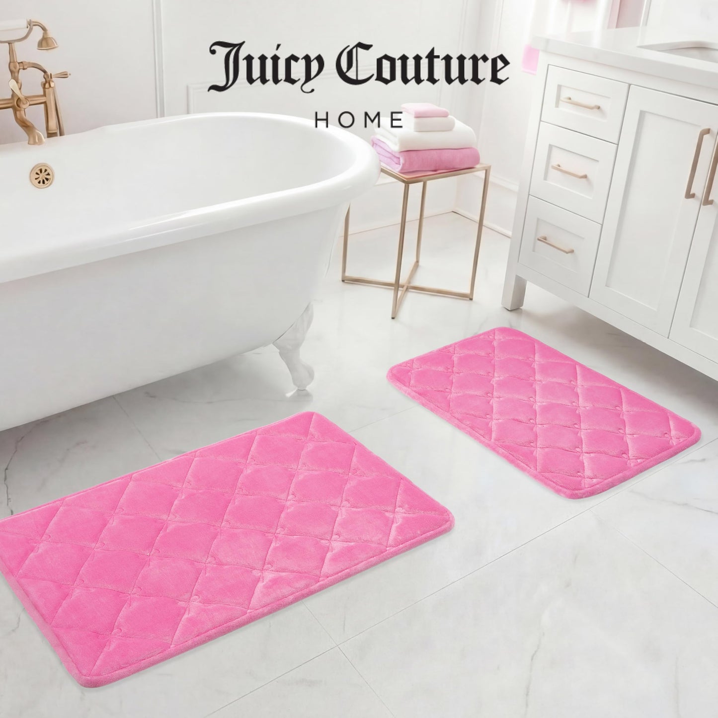 Juicy Couture Quilted 2-Piece Memory Foam Bath Mat Set 17" x 24" / 20" x 32" Mini Bows Lattice Hot Pink Skid-Resistant Bath Rug Set