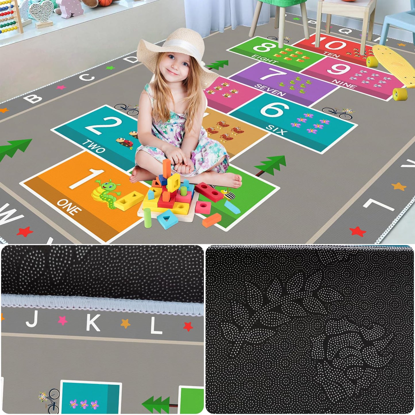 YLZLDKH Hopscotch Play Rug Carpet for Kids, ABC Alphabet Number Educational Rug, Children's Counting Game Mat for Playroom, Classroom, Bedroom and Nursery (Grey, 47x71 in)