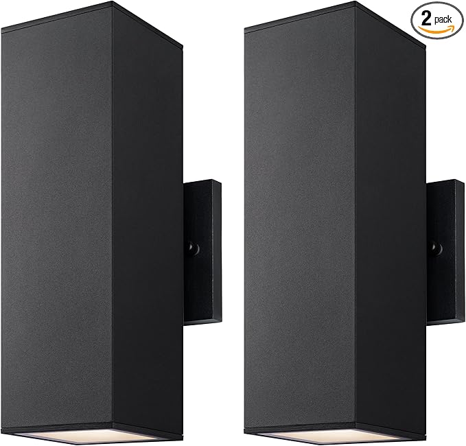 mirrea Modern Outdoor Porch Light Patio Light in 2 Lights with Aluminum Rectangular Tube and Tempered Glass Cover Waterproof Wall Sconce 2 Pack (Matte Black)