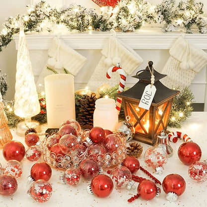 XmasExp 32ct Christmas Ball Ornaments Set -Red Clear Plastic Shatterproof Xmas Tree Ball Decorations Hanging Baubles for Holiday Decor