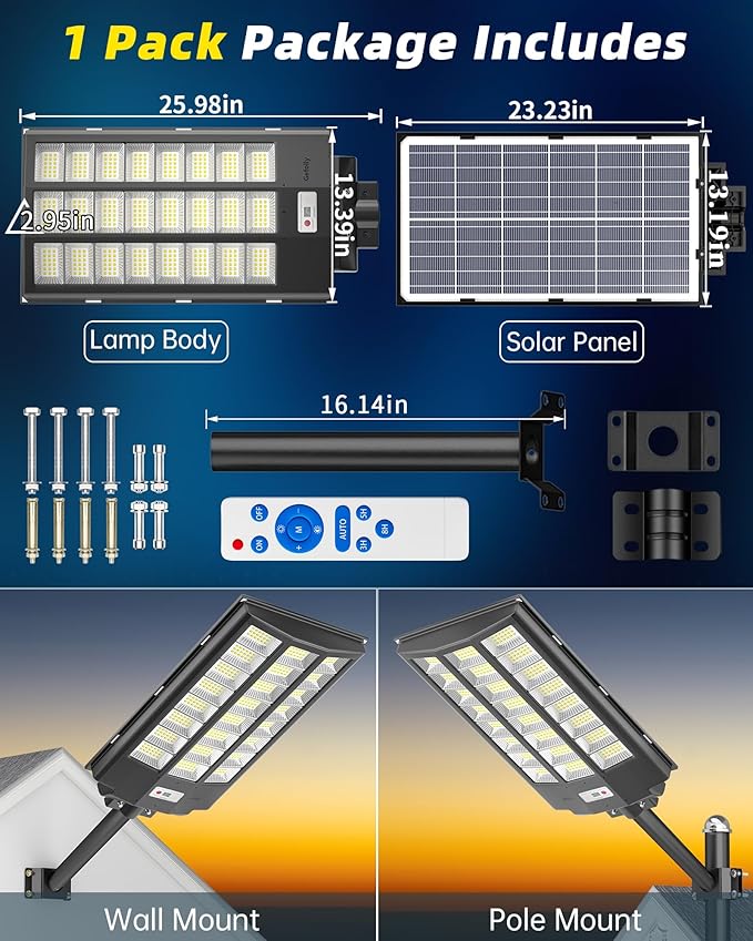 Gefolly SL-8600W Solar Street Light Outdoor, Wide Angle 680000LM Commercial Parking Lot Light Dusk to Dawn 6500K Flood Security IP67 with Motion Sensor Lamp for Yard, Basketball Court
