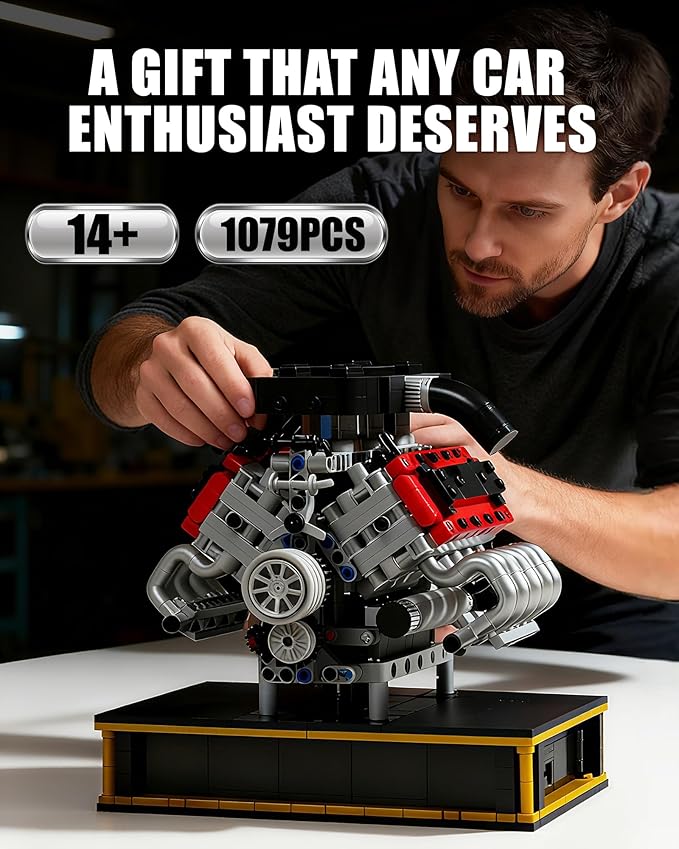V8 Engine Building Set Build Your Own Mini V8 Model Engine Kit that Run with Battery and Motor 8-Cylinder Car Model Engine Building Toys for Adults Kids Age 14+ (1079PCS)