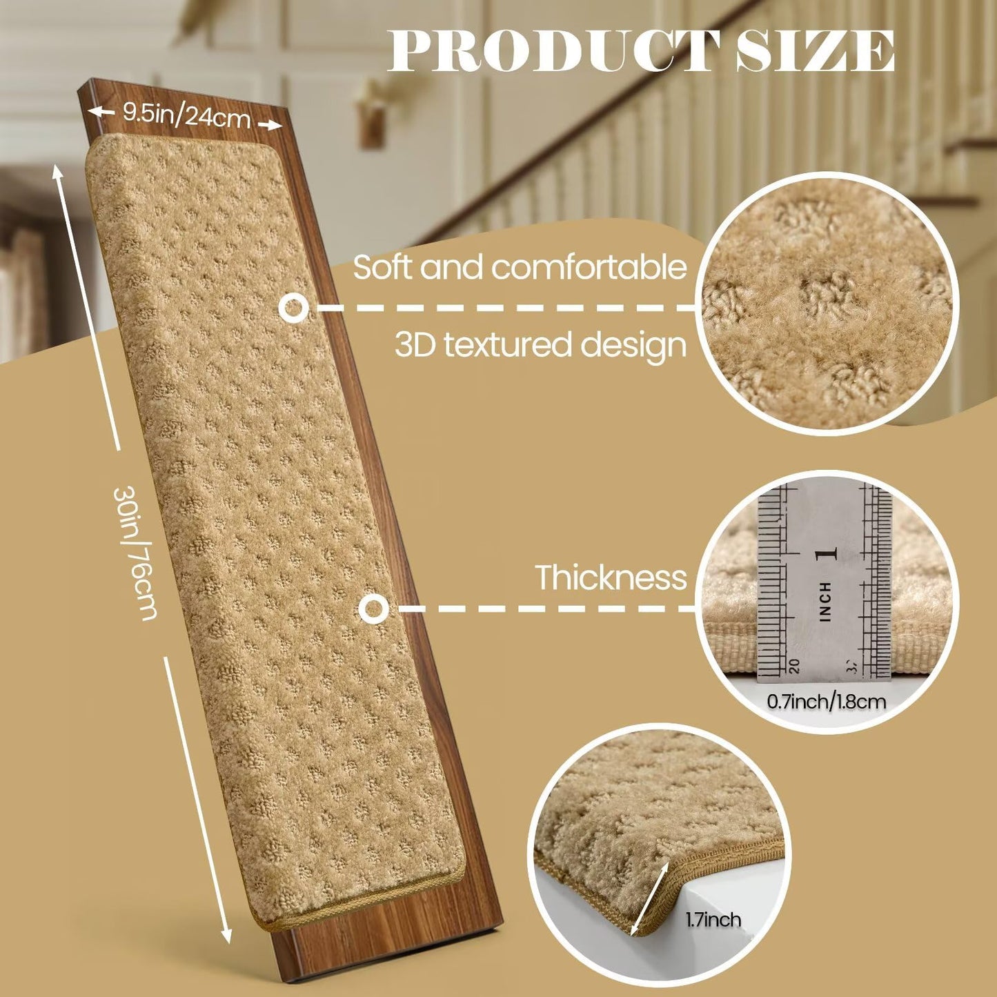 DEXDE Bullnose Carpet Stair Treads Non Slip for Wooden Steps Indoor, 30" x 9.5" x 1.7" (14 Pack) - Peel and Stick Stair Runner Rugs with Edge Protection, Washable & Reusable Pet Friendly Mats, Beige