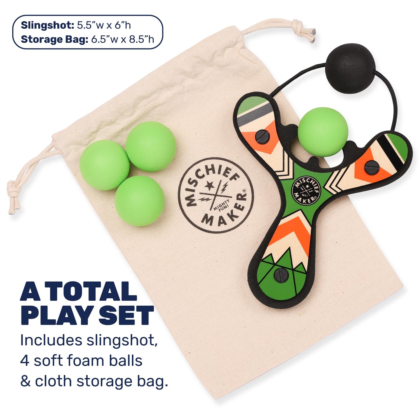 Mighty Fun! Mischief Maker® Wooden Slingshot for Kids with Soft Foam Balls (Green)