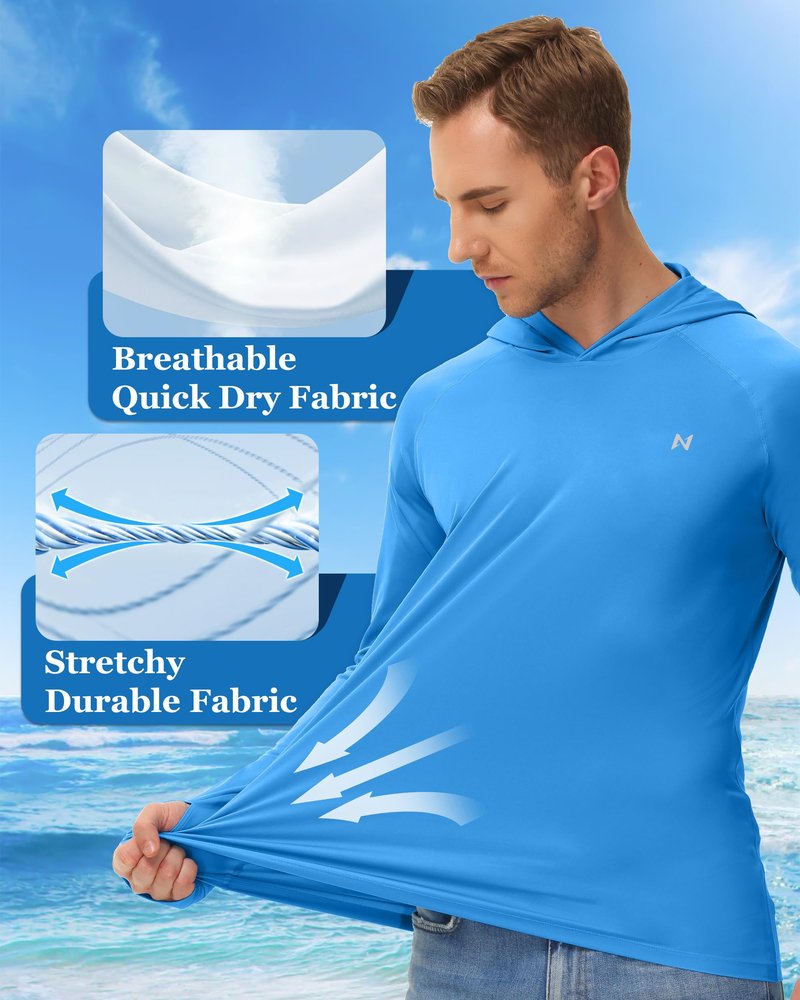 isnowood Sun Shirt UPF 50+ Men's Fishing Long Sleeve UV Protection Hoodie Hiking Rash Guard Swimming Running Blue