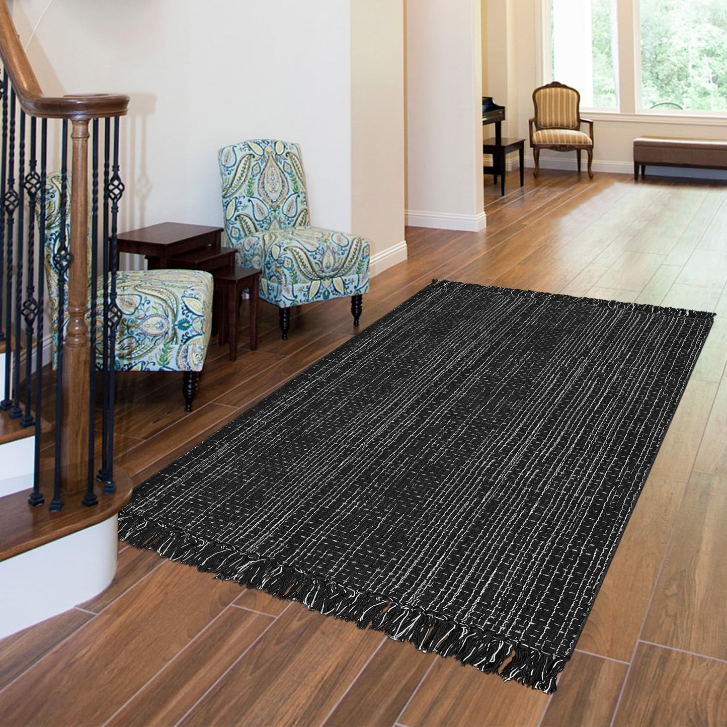 Washable Area Rug 3x5 Cotton Runner with Tassel, Black White Indoor Outdoor Rug for Kitchen Bedroom Living Room Farmhouse Laundry Entryway