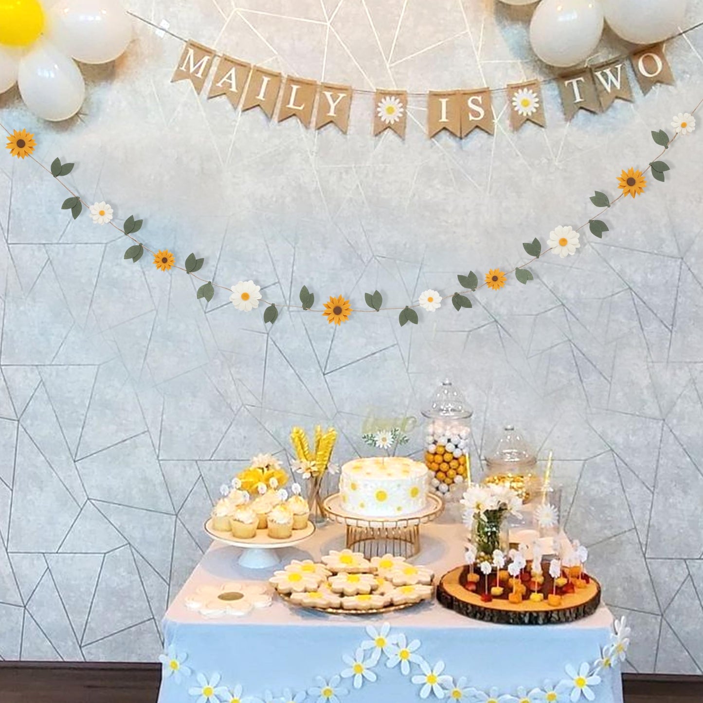 Felt Daisy Sunflower Garland - Flower Party Wall Hanging Decorations,Bohemian Daisy Sunflower Felt Banner,Floral Leaf Chain Garland Photo Props,Garden Birthday Wedding Banner Decorations
