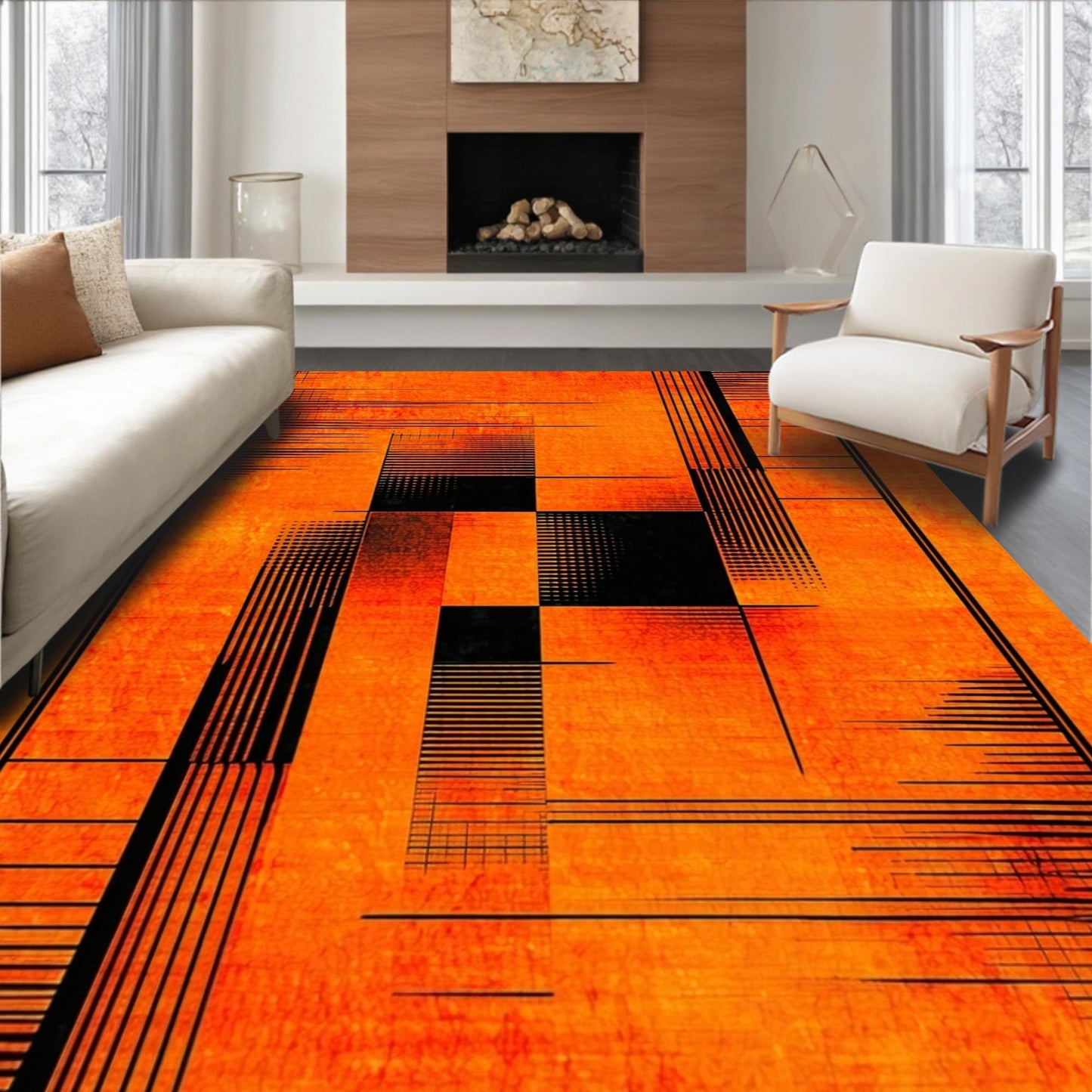 ODIKA Flatwoven High Traffic Area Rug 4x6, Artful Optical Trickery Display, Non Slip, Stain Resistant, Washable Area Rugs for Living Room, Bedroom (Orange, 4x6)