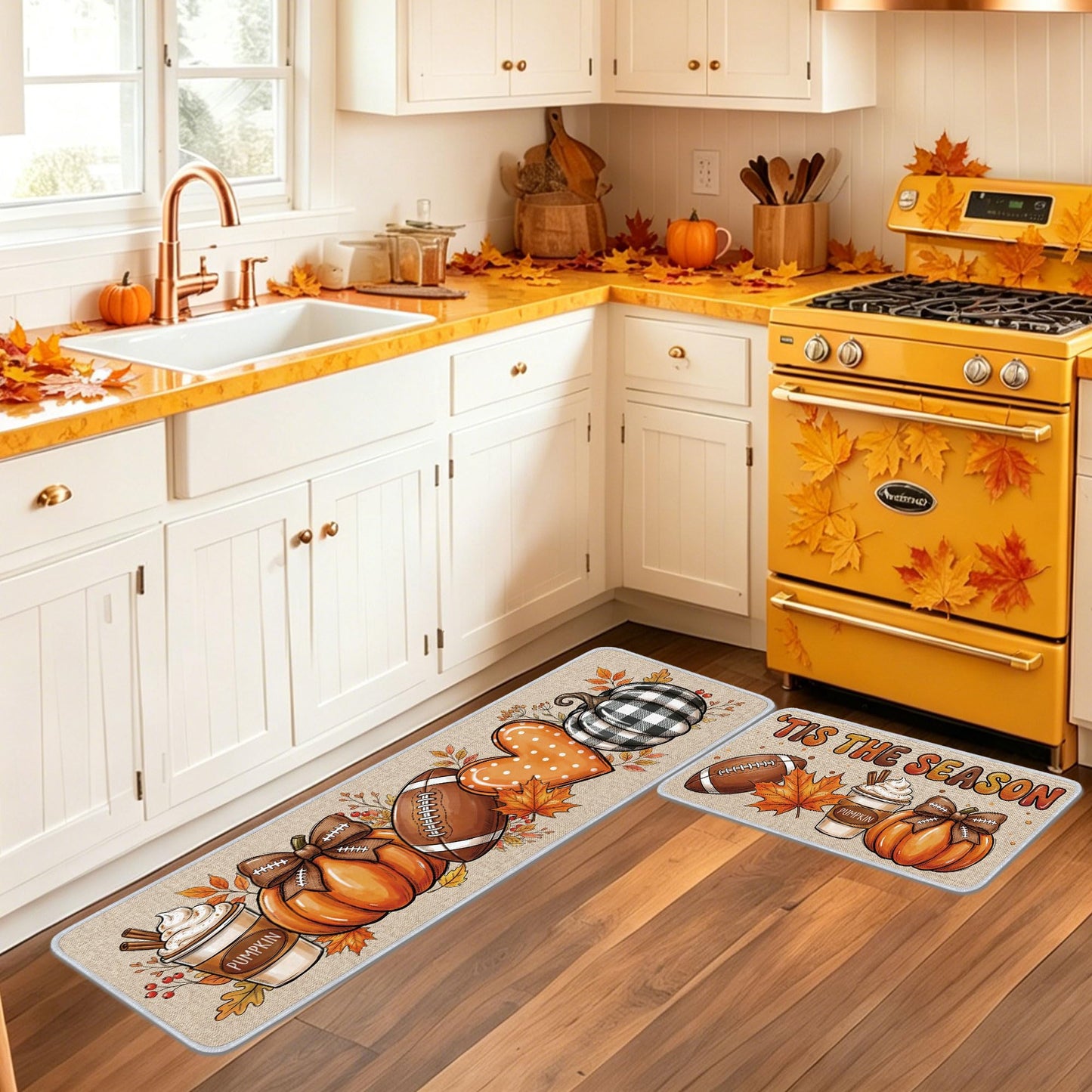 Romart 2 Pcs Fall Kitchen Rugs, Football Kitchen Runner Rug and Door Mat, Fall Kitchen Seasonal Decor for Home Kitchen Dining Room