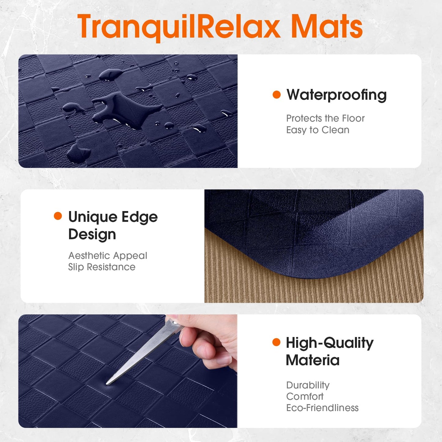 TranquilRelax 4/5 Inch Thick Anti-Fatigue Kitchen Mats 2Pcs, Cushioned Non-Slip Waterproof Sink & Stove Floor Mats, Comfortable Standing Rug Set for Kitchen, Laundry & Entryway, Blue