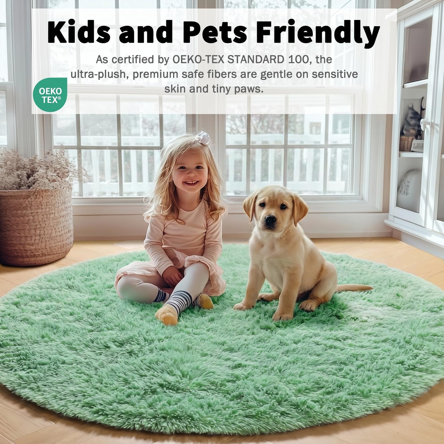 ONASAR Sage Green Round Area Rug 4ft, Fluffy Soft Bedroom Circle Rugs for Kids Girls Boys Teen Dorm Room, Cute Furry Plush Shaggy Carpet for Nursery Living Room Playroom Christmas Home Decor