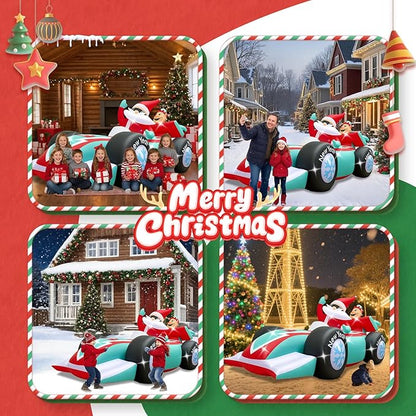 10FT Giant Christmas Inflatables Outdoor Decorations Xmas Racing Car Blow Up Yard Decorations with Built-in LED Lights for Garden Lawn Outdoor Yard Winter Holiday