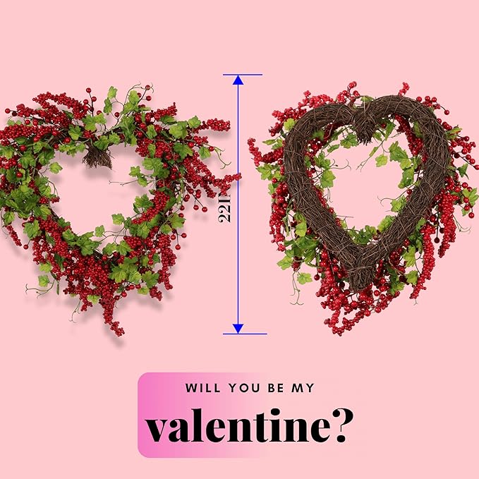 Valentines Day Wreath Heart Wreath with Red Berries Lush Green Ivy, Romantic Front Door Decoration for Spring Mother's Day, Perfect for Weddings & Indoor/Outdoor Farmhouse Décor