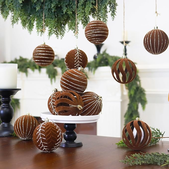 4inch Velvet Ornaments for Christmas Tree, 9PCS Glitter Flocked Christmas Ornaments Decorations Balls Set Decor Brown