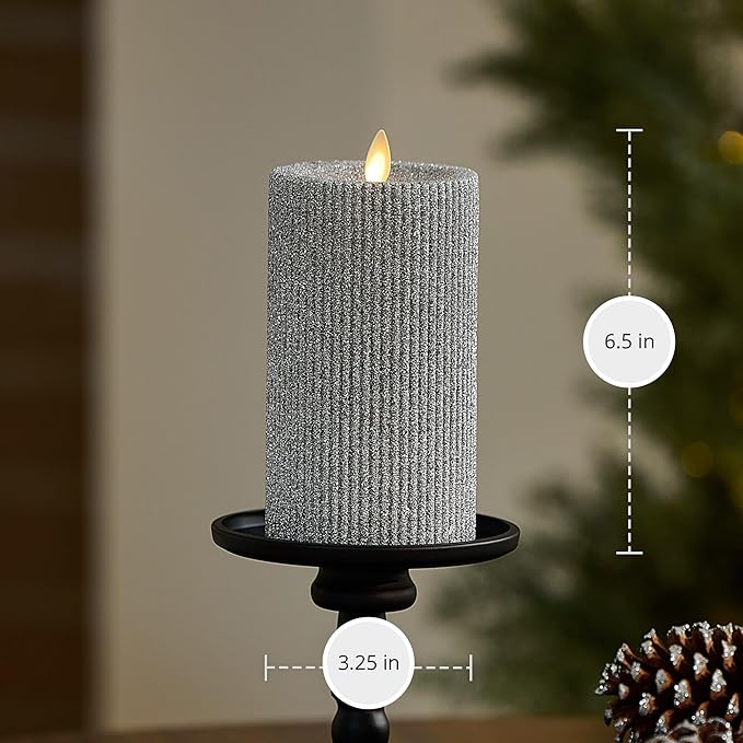 Luminara Brilliant Silver Glitter Ribbed Flameless LED Candle Moving Flame Pillar, Real Wax, Flat Top, Timer (3.25" x 6.5")