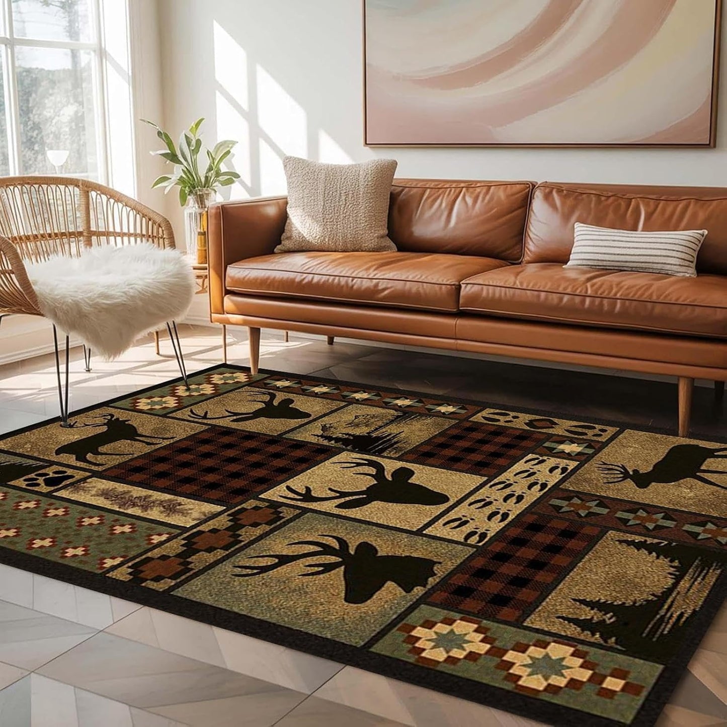 Deer Rug, 3x5 ft Rustic Lodge Cabin Carpet with Buffalo Plaid Wildlife Design, Washable Non Slip Hunting Rug for Living Room Bedroom, Man Cave, Western Farmhouse Decor