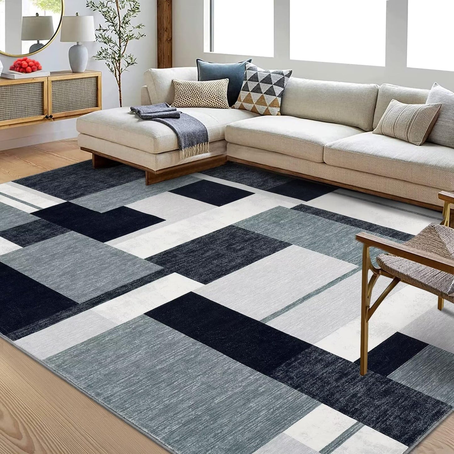 GAOMON Grey Low Pile Geometric Area Rug 9x12 FT, Faux Wool, Non Slip, Washable, Modern, Foldable for Living Room, Home Office, Bedroom