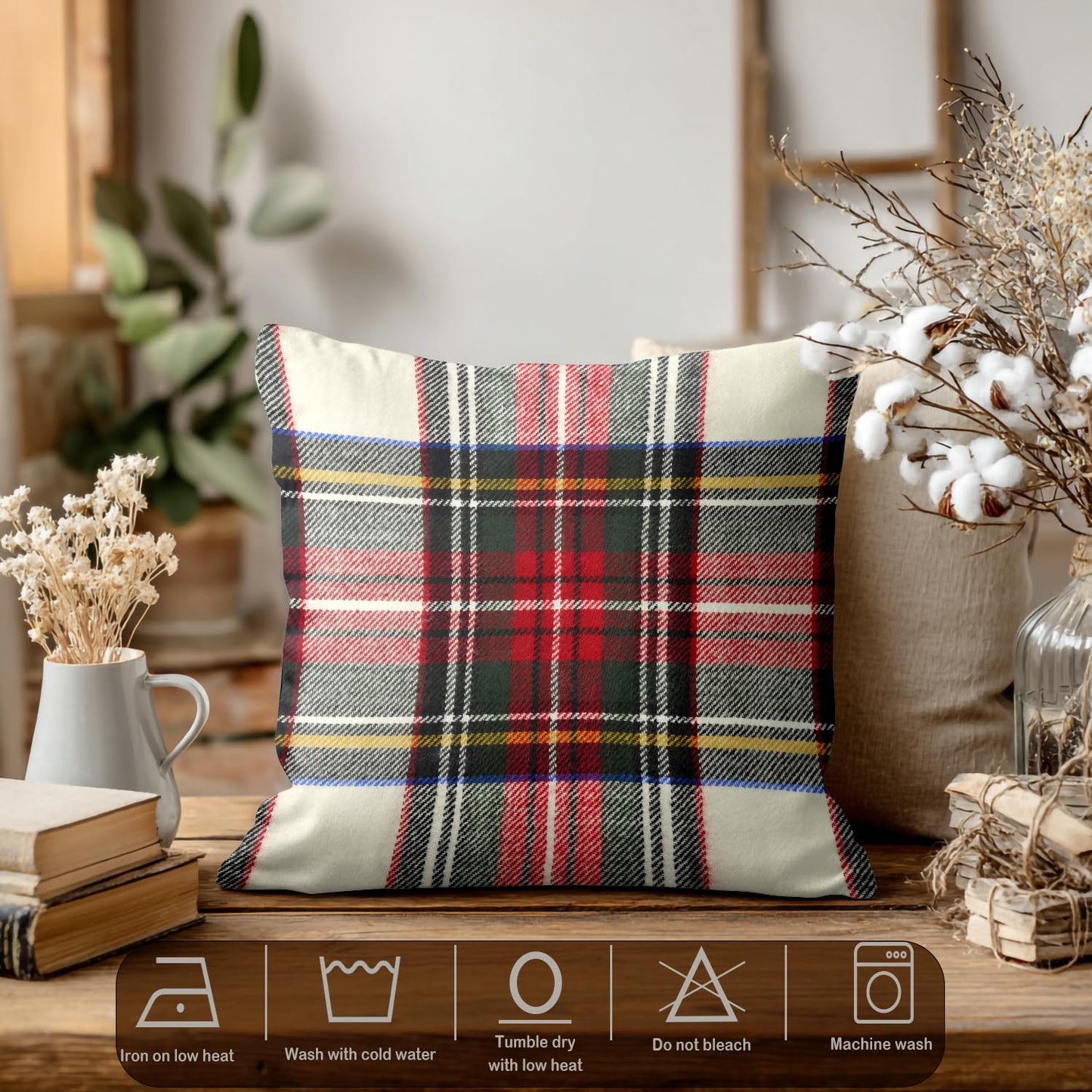Batmerry Plaid Pillow Covers 18x18 Inch Set of 2, Scottish Tartan Red and White Wool Plaid Pattern Symmetric Square Print Double Sided Decorative Pillows Cases Throw Pillows Covers