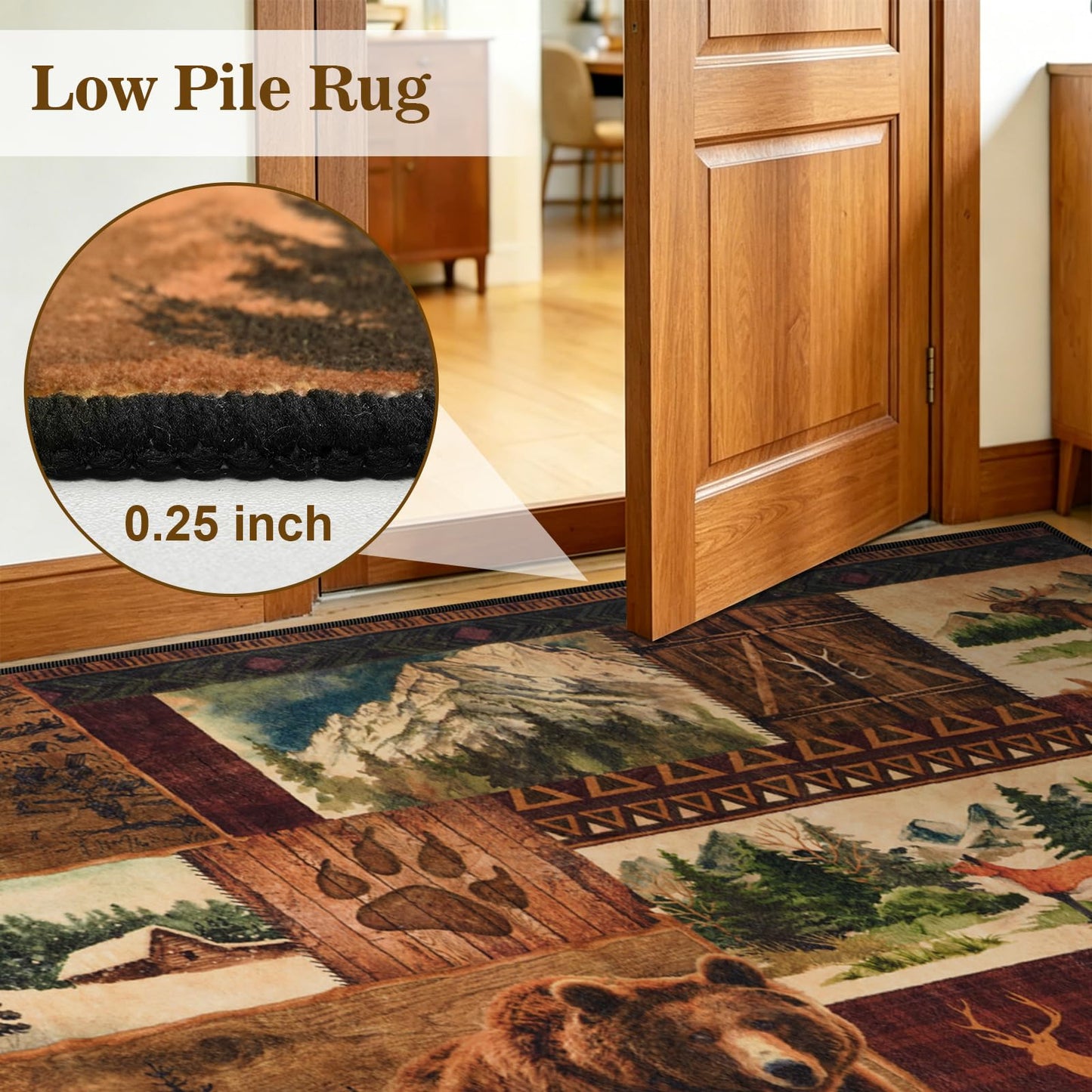 ASPMIZ 3x5 Rustic Area Rugs Non-Slip Washable — Buffalo Plaid Country Log Cabin Bear Deer Fox Design, Vintage Soft Faux Wool Throw Rug for Living Room Bedroom, Low Pile