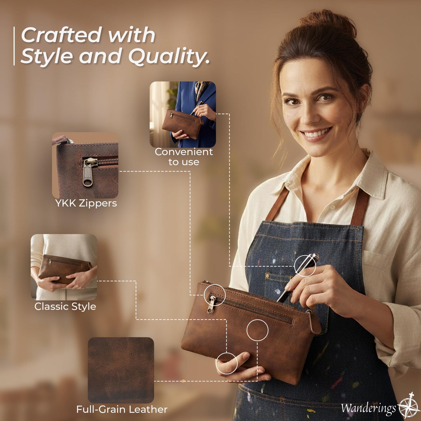 WANDERINGS Genuine Leather Pencil Pouch Case 9" x 5.25" - Hand Crafted Brown Leather Zipper Pouch - Slim Pencil Case Holder for Men and Women - Pencil Bag for Artists Students Professionals