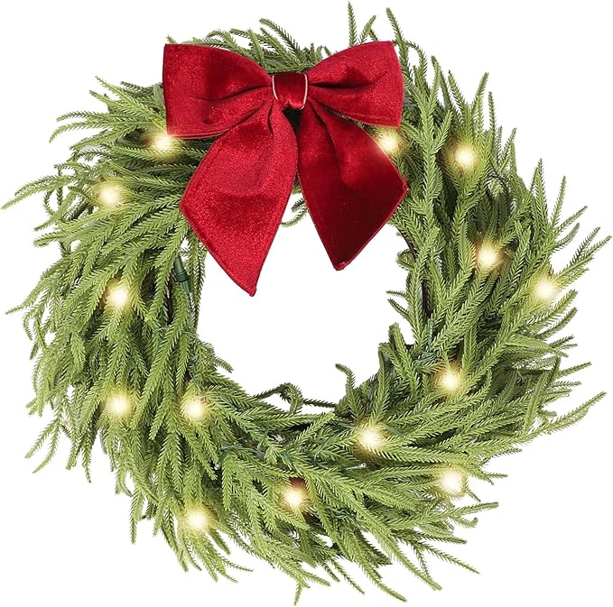 26 Inch Christmas Wreaths for Front Door with Lights,Lighted Norfolk Pine Door Wreath,Prelit Real Touch Artificial Green Winter Wreath with Large Burgundy Velvet Bow for Indoor Outdoor Decor