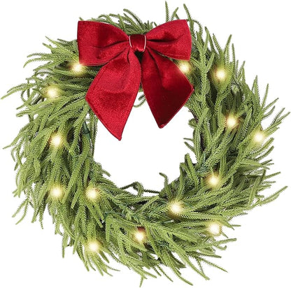 26 Inch Christmas Wreaths for Front Door with Lights,Lighted Norfolk Pine Door Wreath,Prelit Real Touch Artificial Green Winter Wreath with Large Burgundy Velvet Bow for Indoor Outdoor Decor
