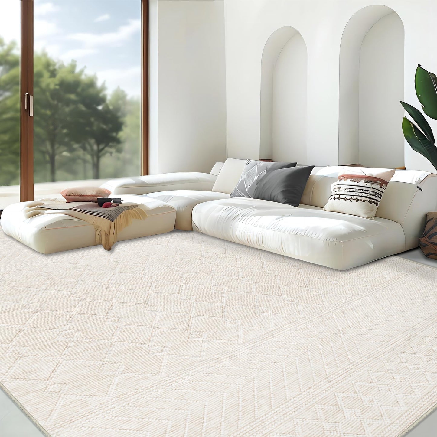 Area Rug Living Room Rugs 8x10 - Large Soft Boho Geometric Rug, Non-Slip Foldable Washable Rugs Non Shedding Morden Indoor Floor Carpet for Living Bedroom Office Dining Room(Modern Beige,8'x10')