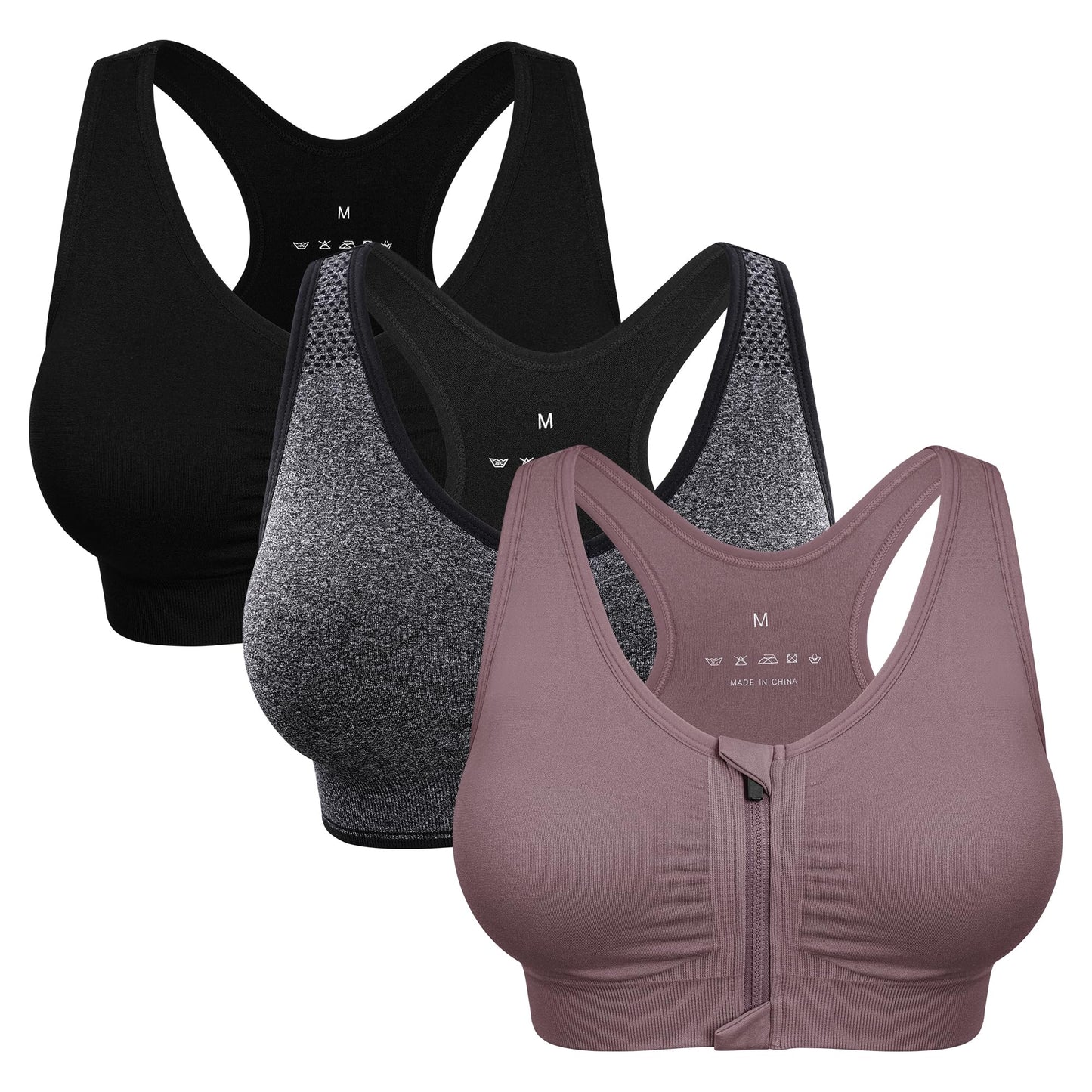 Women's Zip Front Sports Bra Wireless Post-Surgery Bra Workout Sports Bras