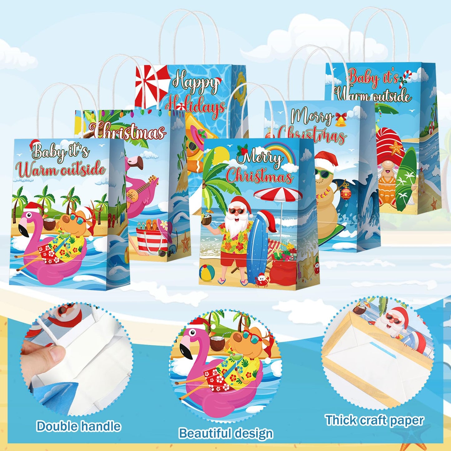 Kolldenn 48 Pcs Hawaiian Christmas Goodie Bags Summer Christmas Party Favor Bag Xmas Gift Paper Bags with Handle Tropical Beach Santa Flamingo Candy Treat Pouch for Xmas Pool Birthday Party