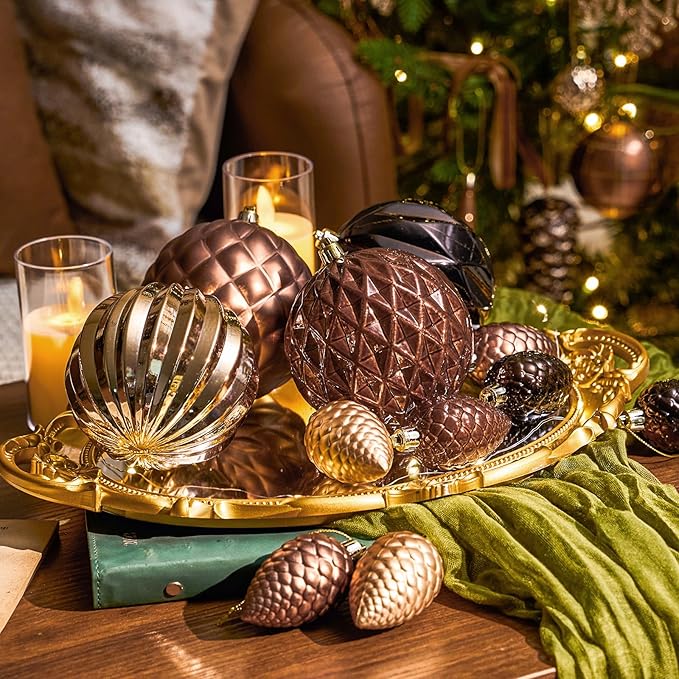 JORNOY Brown Christmas Tree Ornaments, 4inch/100mm Shatterproof Ornaments for Christmas Tree Set - Large Plastic Decorative Hanging Balls Ornaments for Xmas Tree Decorations Party, 12ct (Brown)