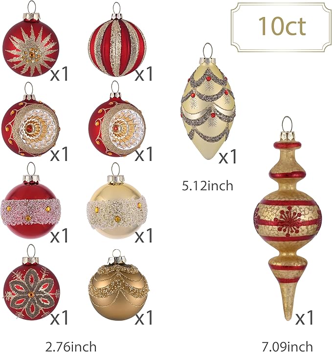 Valery Madelyn Glass Christmas Ornaments Set, 10ct Medium Red Gold Mercury Blown Glass Christmas Tree Ball Decorations, Luxury Hanging Teardrop Finial Faceted Reflector Decor