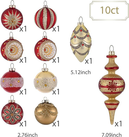 Valery Madelyn Glass Christmas Ornaments Set, 10ct Medium Red Gold Mercury Blown Glass Christmas Tree Ball Decorations, Luxury Hanging Teardrop Finial Faceted Reflector Decor