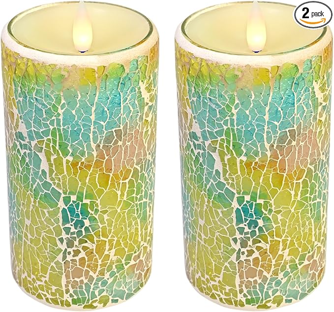 Glass Flameless Pillar Candles Flickering with Remote Timer, Battery Operated LED 3D Moving Flame Real Wax Candles,Remote Included (Mint Lime Gradient)