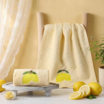 2 Pcs Lemon Hand Towels Lemon Yellow Bathroom Decor 14x29 Inch Embroidered 100%