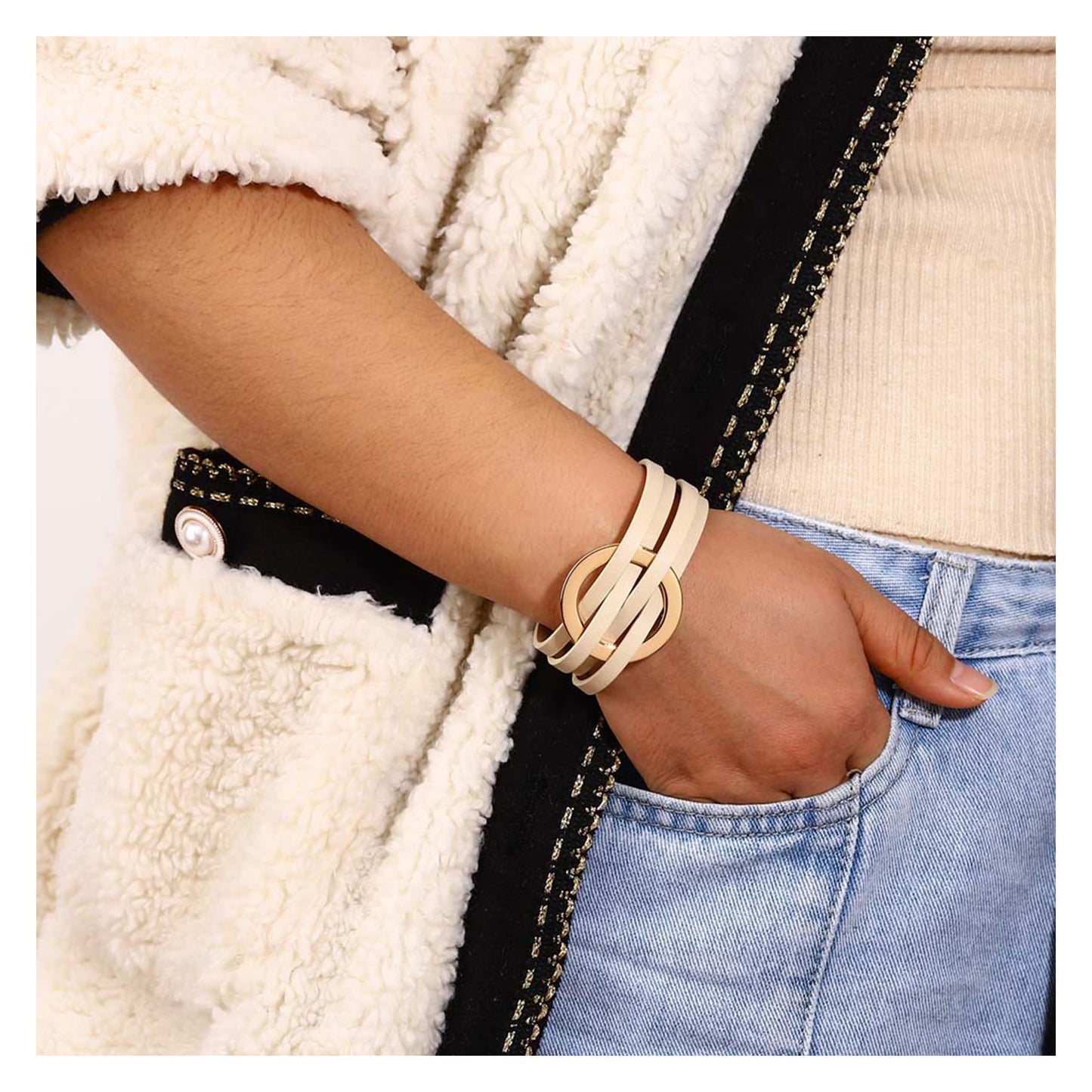 Long tiantian Leather Cuff Wrap Bracelet Blue Bracelets for Women Circle Charm Bangle Boho Multilayer Stackable Jewelry