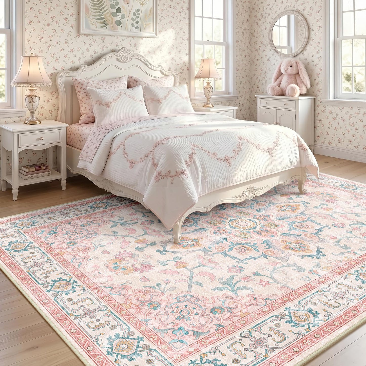 CAPALOCA Machine Washable Rugs Nursery Rug 5x7 Cute Girl Non Slip Low Pile Water Repellent Soft Print Pattern for Bedroom Indoor Decor Kids Playroom Pink Teal