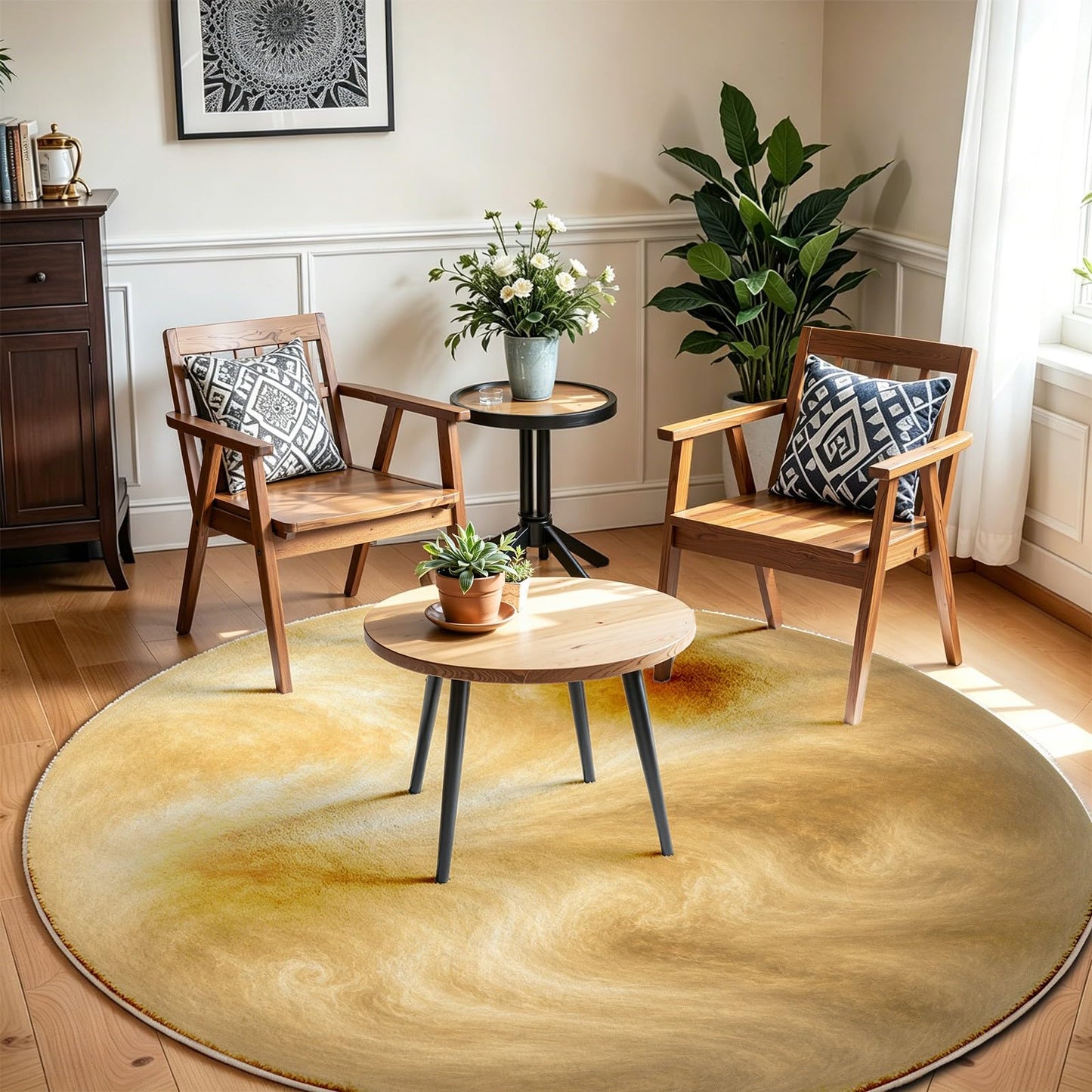 Venus Astronomy Round Carpet 3Ft, Golden Planet Solar System Circle Area Rug, Washable Non Slip Low Pile Space Floor Mat for Bedroom Living Room Dining Room Home Office Decor