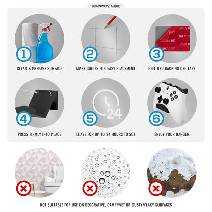 BRAINWAVZ Game Controller Holder Wall Mount Stand (2 Pack) For XBOX, PS5, SERIES X, ONE, PS4, PS3, SWITCH, NINTENDO, PC & MORE, Fits Latest & Retro Gamepads, Stick On, Easy To Install, UGC1