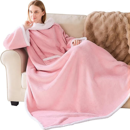 IFNOW Sherpa Wearable Blanket with Sleeves for Women Men Adults, Cozy Wearable Blanket with Arm and Pocket, Warm Full Body TV Wrap Throw Blanket, Soft Robe Blanket as Gifts for Mom Wife, Pink