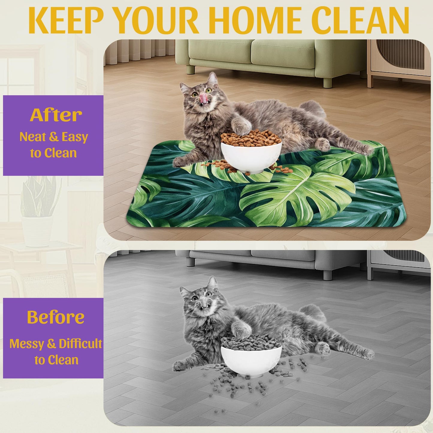 Tropical Palm Leaves Pet Feeding Mat, Absorbent Quick-Dry Dog Cat Bowl Mat, Non-Slip Bottom, Indoor Use – 16x24 Inch