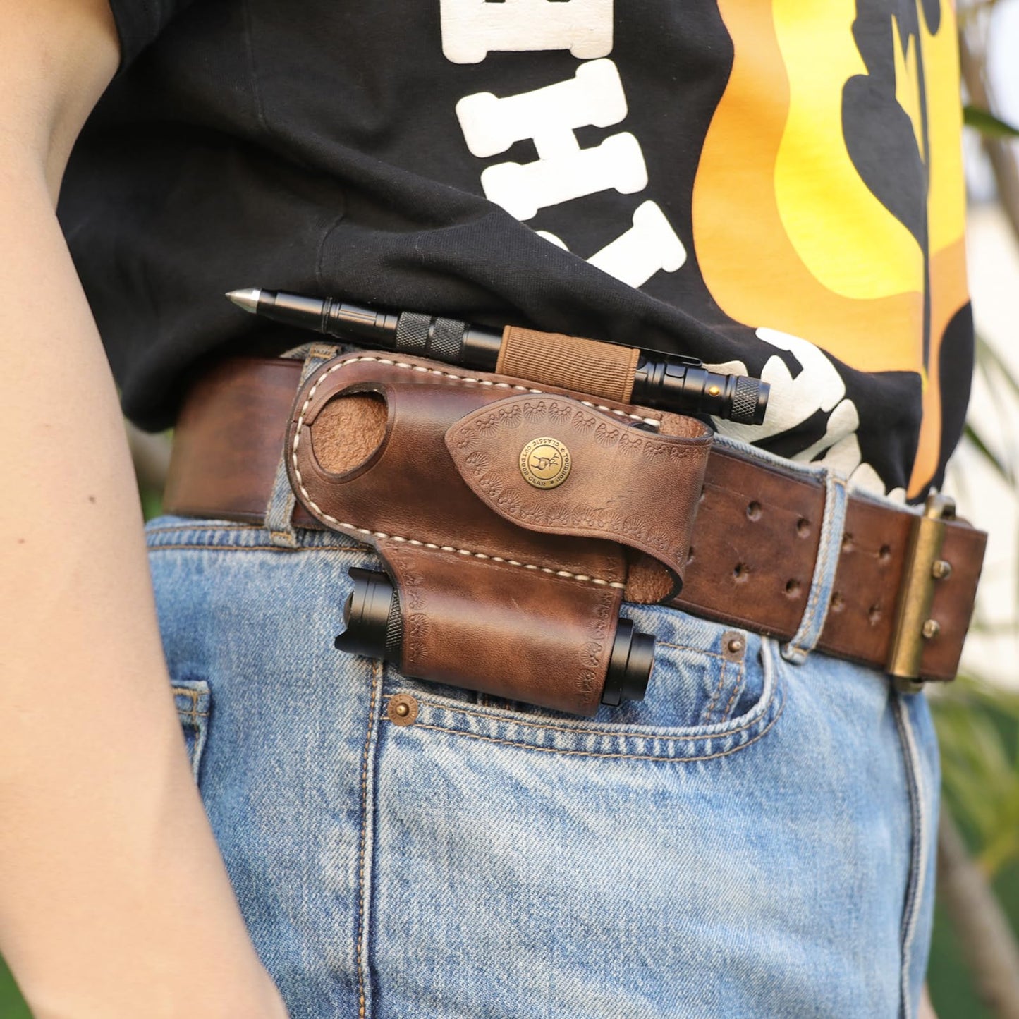 Leather EDC Belt Organizer - Handmade Multitool Sheath for Men, Tactical EDC Pouch with Flashlight Holder, Pen Holder & Belt Clip - Gifts for Men, Fits Folding Knife & Tools (Brown)