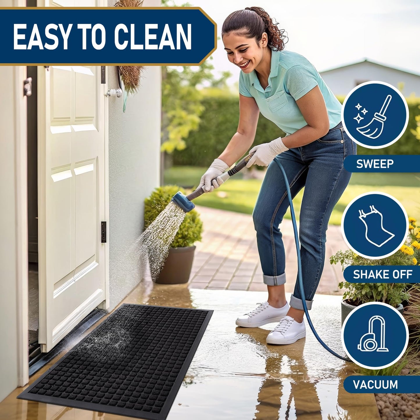 Smiry Front Door Mat Outside Entrance, Heavy Duty Natural Rubber Doormat, Non Slip, Trap Dirt and Moisture, Easy Clean, Low Profile Welcome Floor Mats for Indoor Outdoor Entry, 47x32 Inch, Black