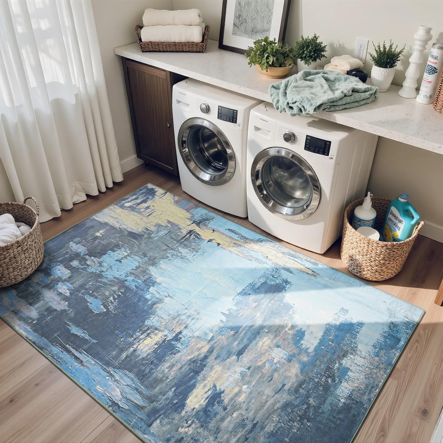 ULTSOFE 4x6 Blue Area Rugs for Bedroom Bedside, Washable Rug for Kitchen, Living Room, Laundry, Bathroom, Entrance, Office, Non-Slip Modern Abstract Faux Wool Low Pile Entrayway Rug Large Carpets